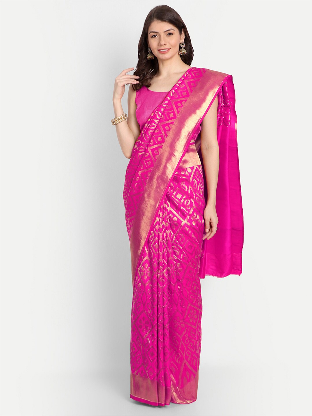 

CHAMPAVALI Women Pink & Gold-Toned Woven Design Pure Silk Banarasi Saree