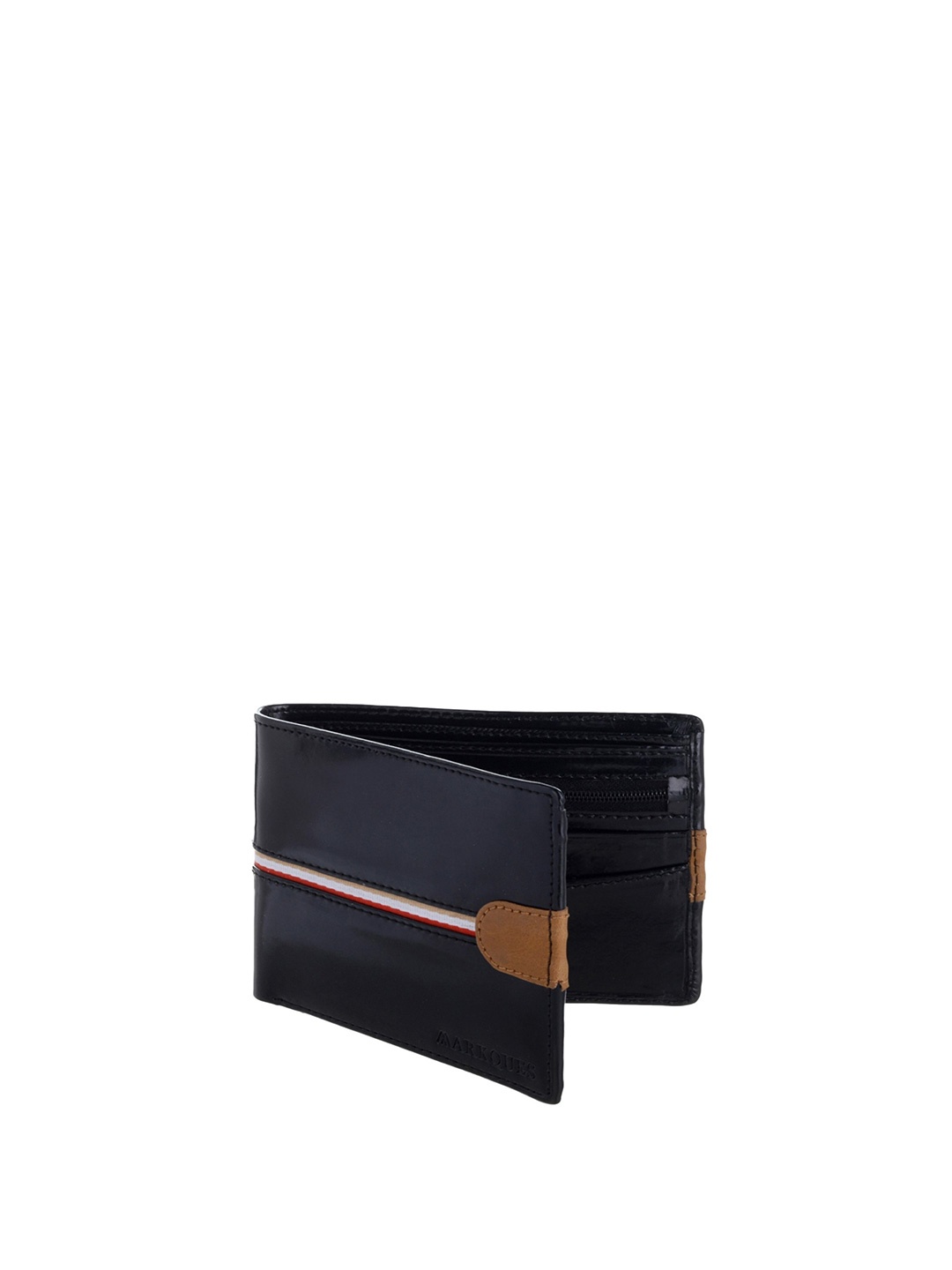 

MARKQUES Men Black Striped Leather Two Fold Wallet
