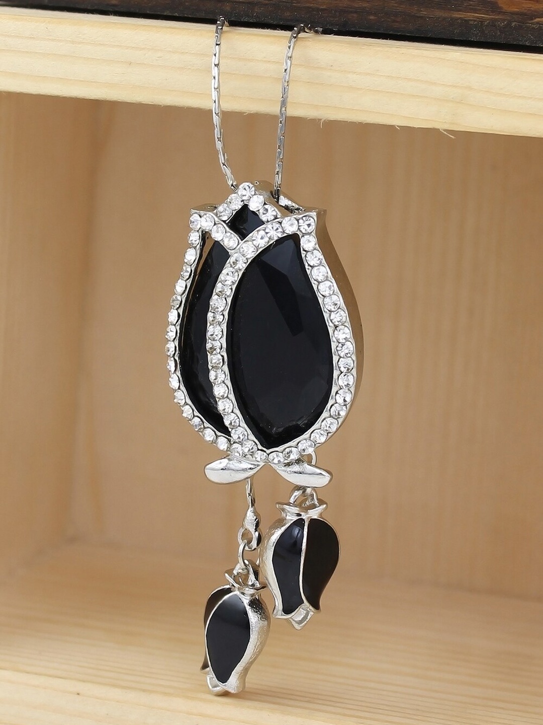 

NAKABH Women Black Rhodium-Plated Stone-Studded Pendant with Chain