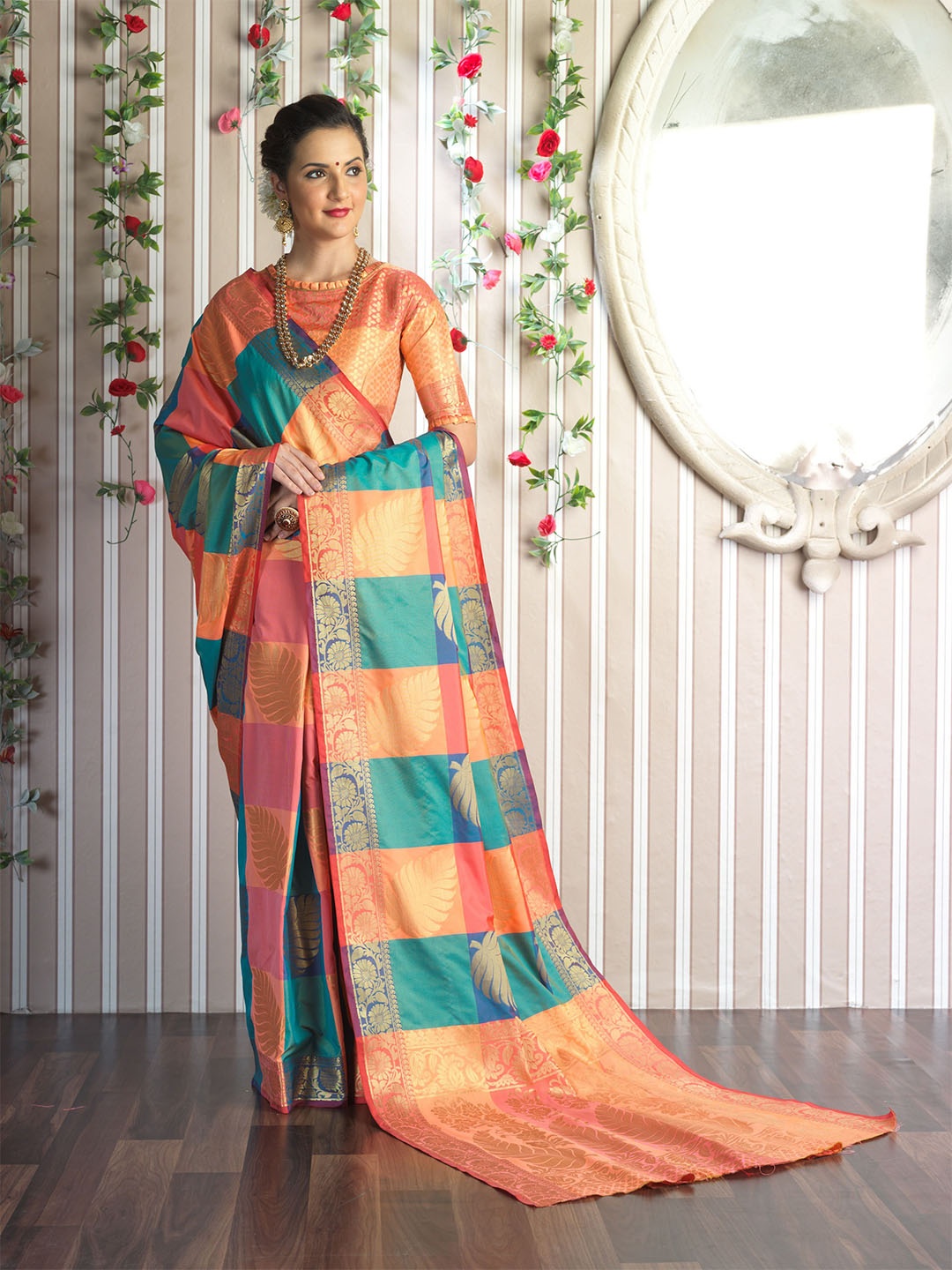 

Ethnic Junction Blue & Orange Woven Design Zari Silk Blend Fusion Banarasi Saree