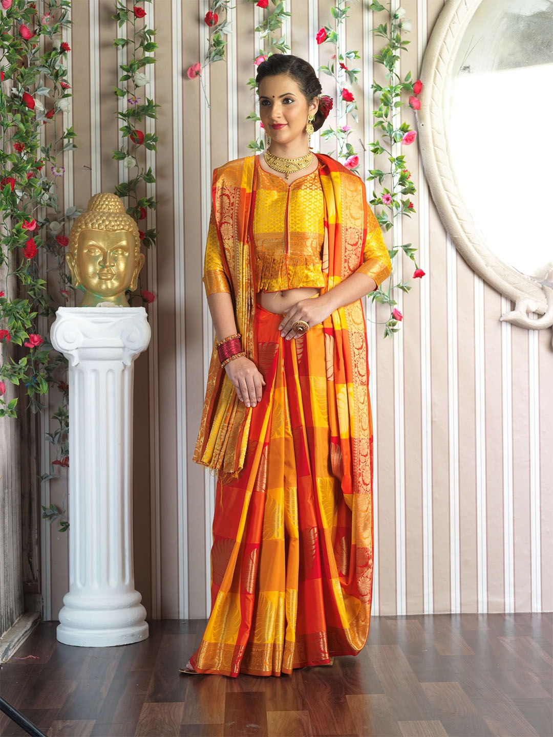 

Ethnic Junction Mustard & Red Floral Zari Silk Blend Fusion Banarasi Saree