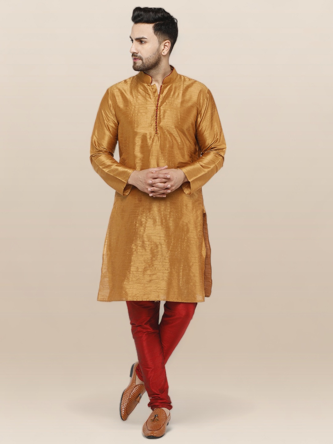 

Enciger Men Brown Dupion Silk Solid Kurta with Churidar