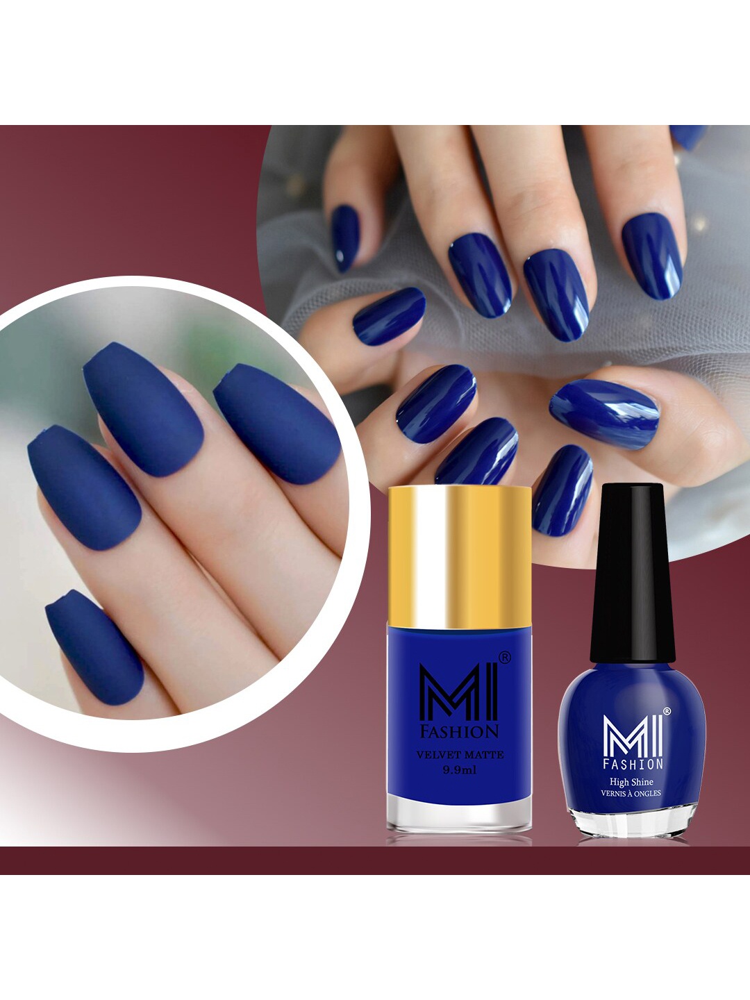 

MI FASHION Set of Velvet Matte Nail Polish 9.9ml - 766 & High Shine Nail Polish 15ml - 19, Blue