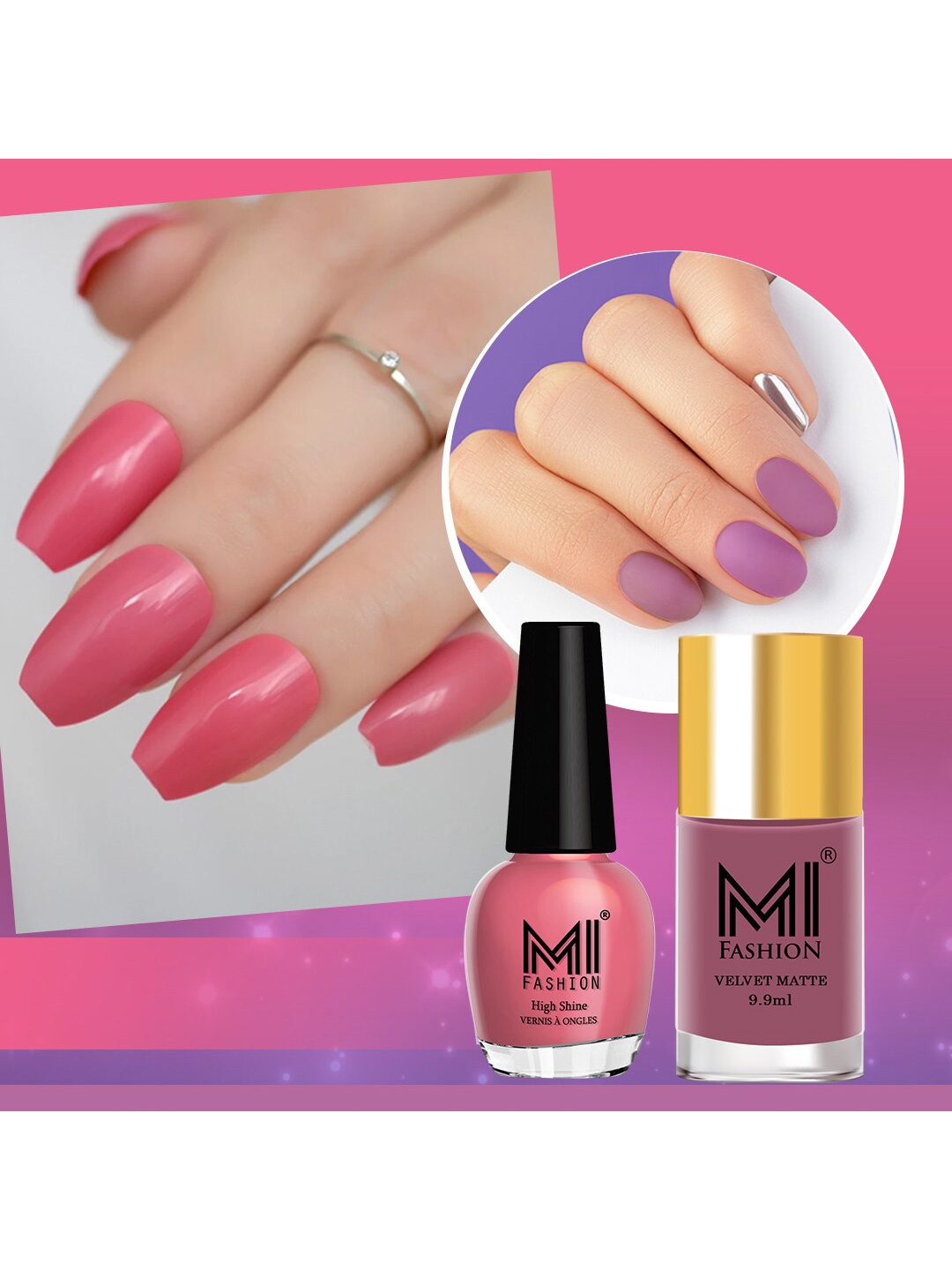 

MI FASHION Set of Velvet Matte Nail Polish 9.9ml - 723 & High Shine Nail Polish 15ml - 39, Pink