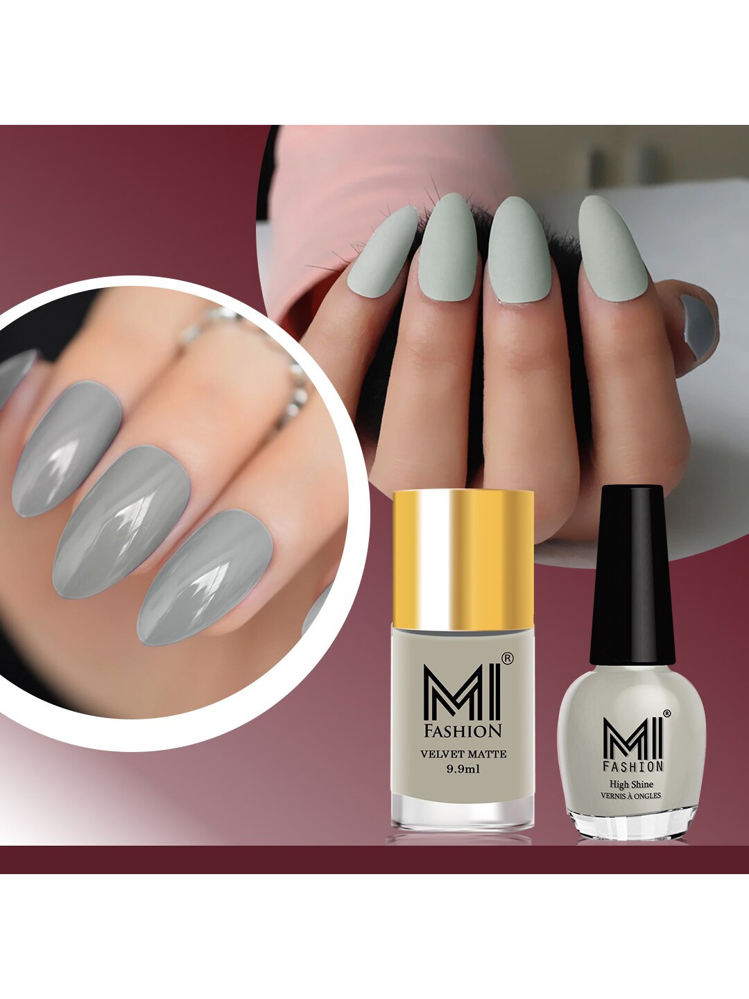 

MI FASHION Set of Velvet Matte Nail Polish 9.9ml - 768 & High Shine Nail Polish 15ml - 46, Grey