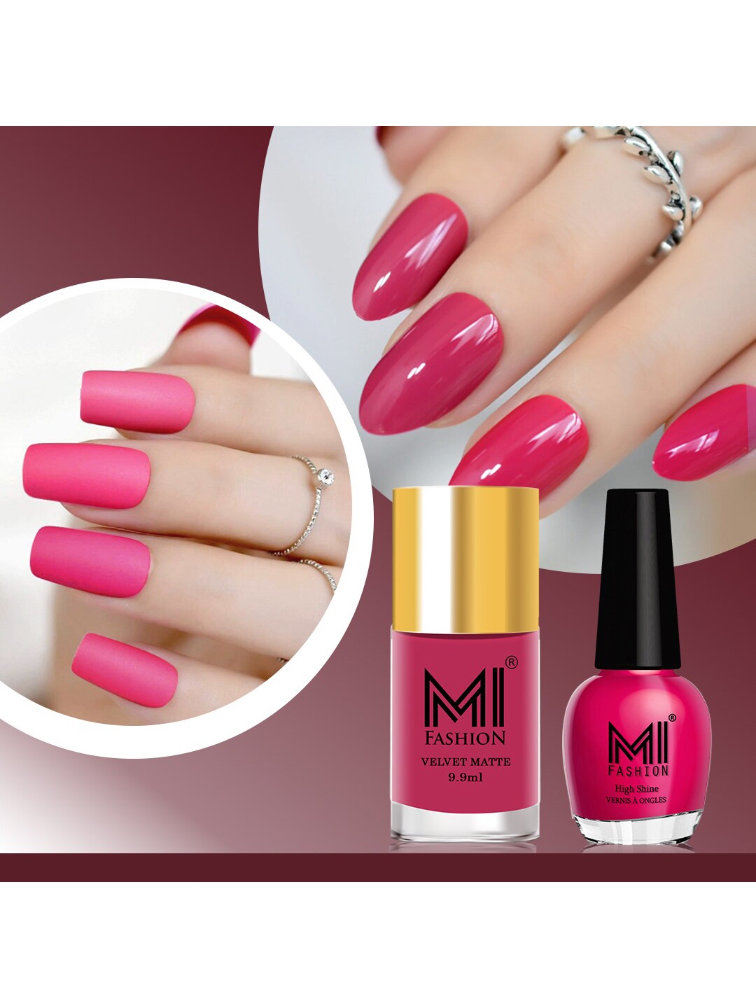 

MI FASHION Set of Velvet Matte Nail Polish 9.9ml - 753 & High Shine Nail Polish 15ml - 42, Pink