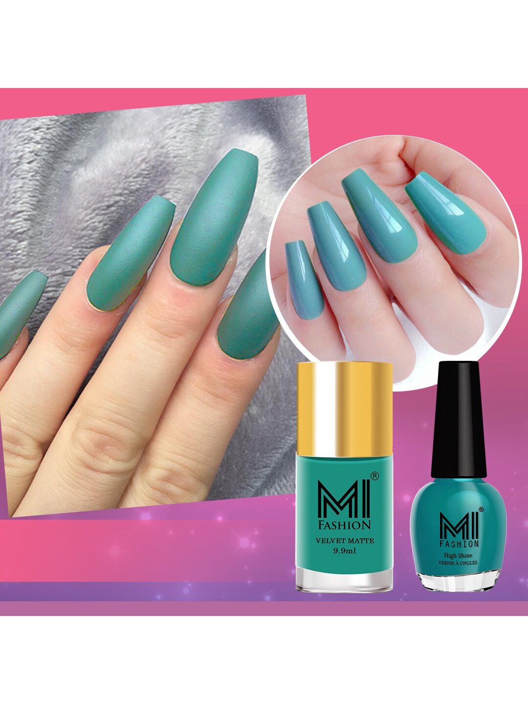 

MI FASHION Set of Velvet Matte Nail Polish 9.9ml - 726 & High Shine Nail Polish 15ml - 06, Green