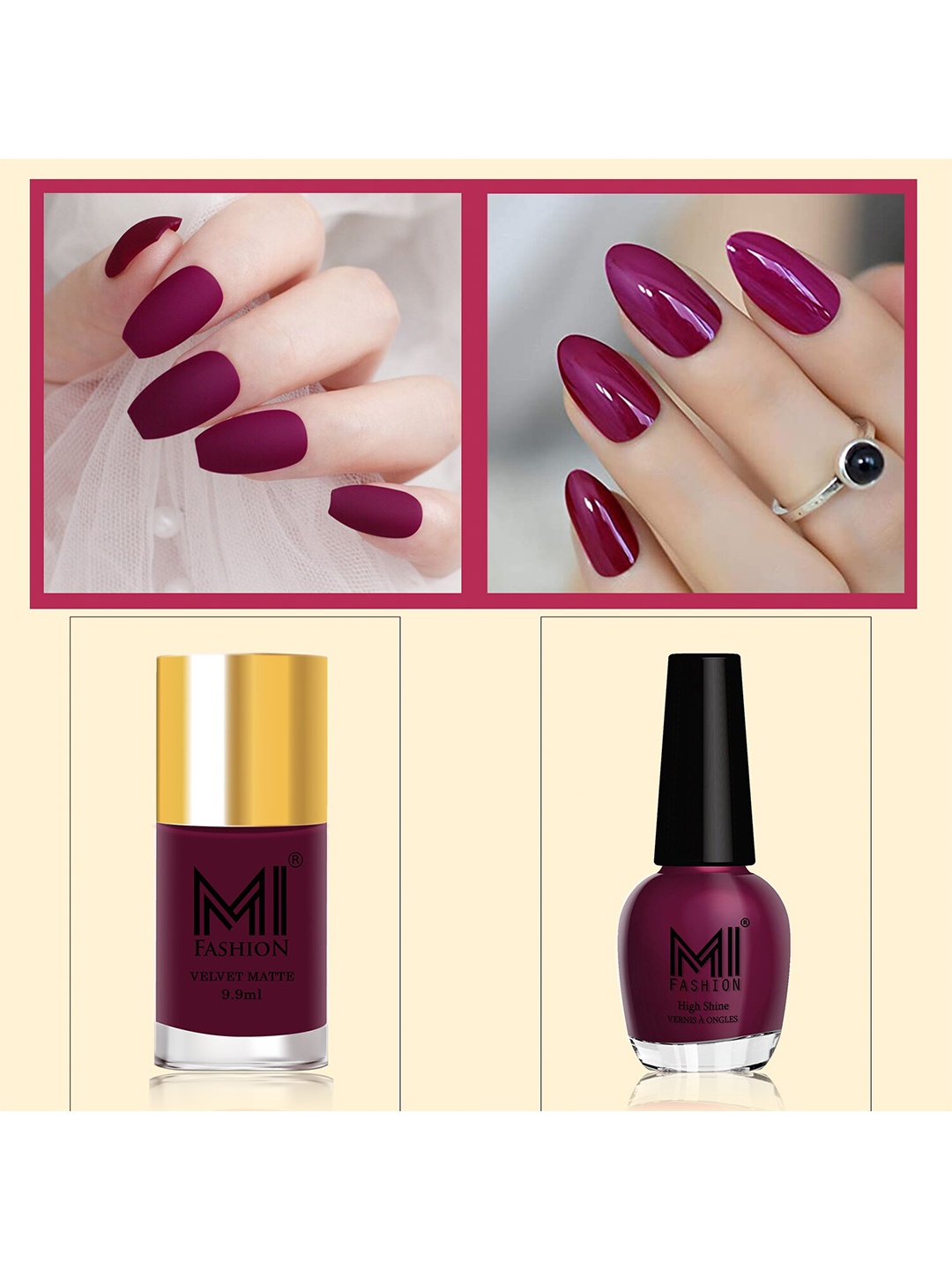 

MI FASHION Set of Velvet Matte Nail Polish 9.9ml - 733 & High Shine Nail Polish 15ml - 14, Purple