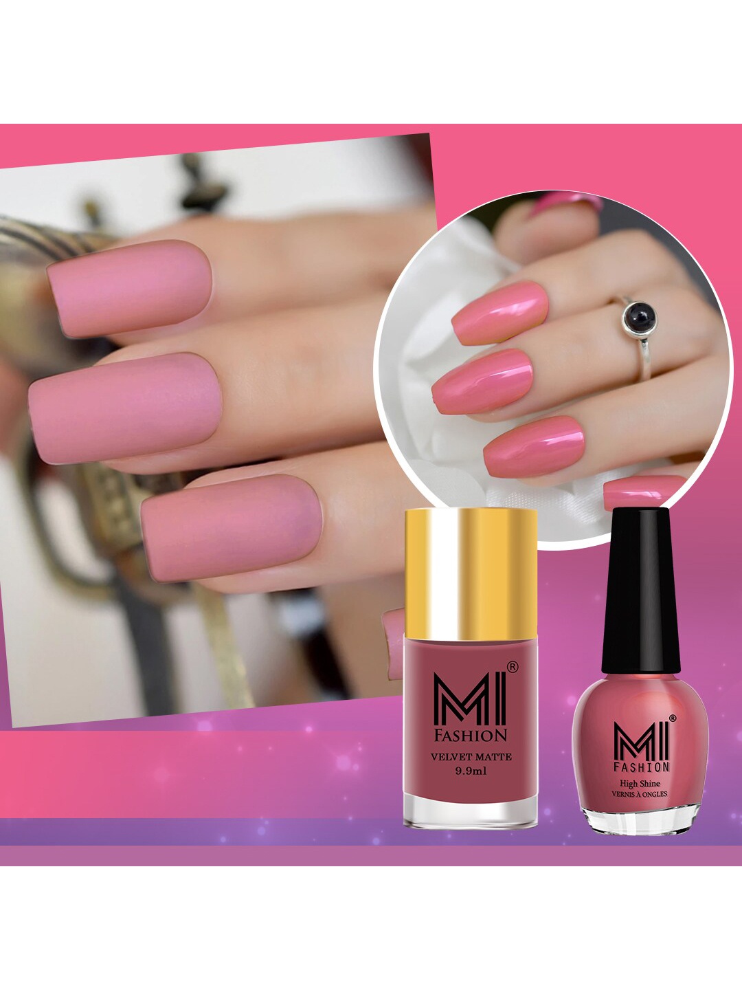 

MI FASHION Set of Velvet Matte Nail Polish 9.9ml - 721 & High Shine Nail Polish 15ml - 33, Pink