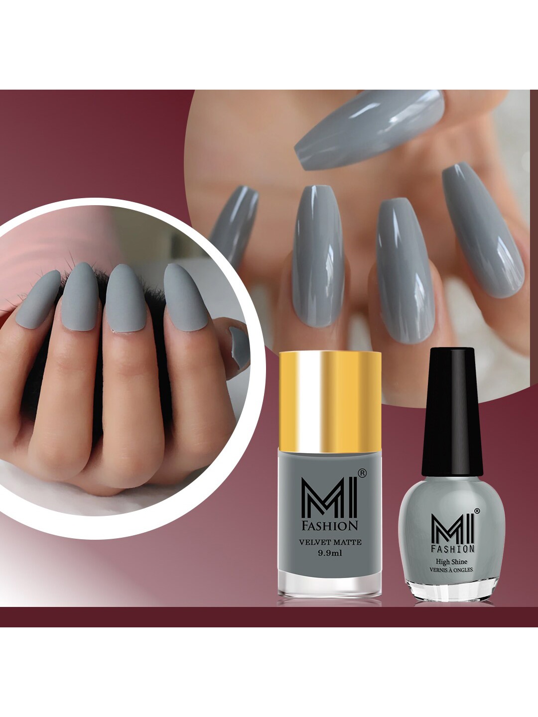 

MI FASHION Set of Velvet Matte Nail Polish 9.9ml - 741 & High Shine Nail Polish 15ml - 20, Grey