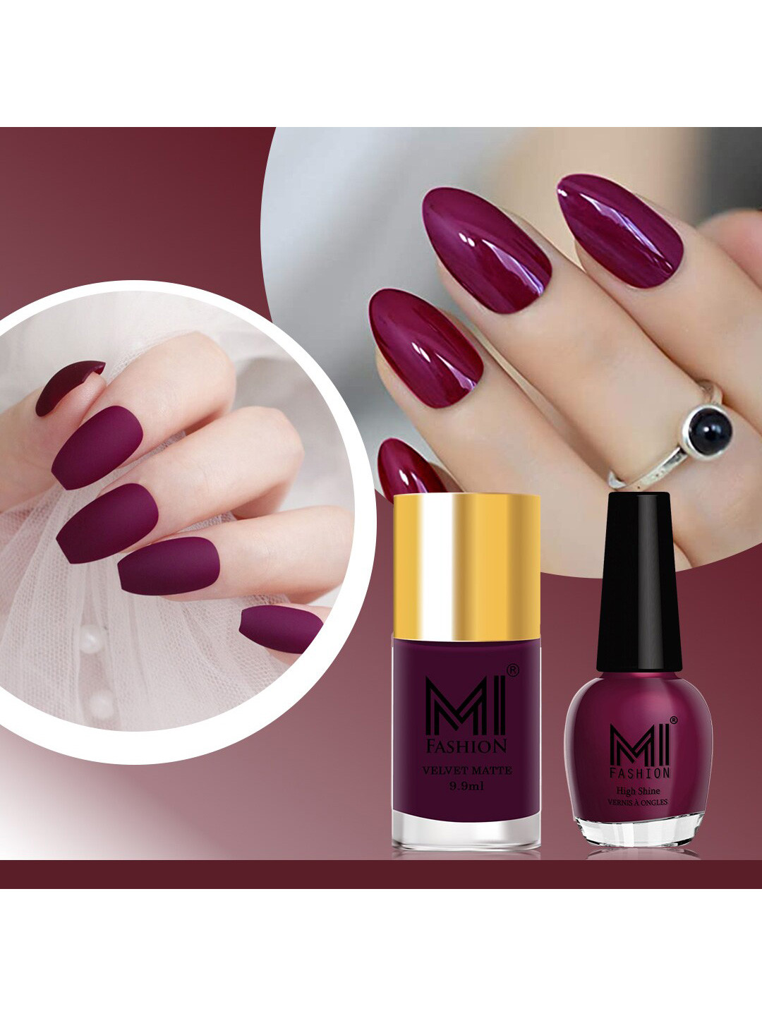 

MI FASHION Set of Velvet Matte Nail Polish 9.9ml - 734 & High Shine Nail Polish 15ml - 29, Purple
