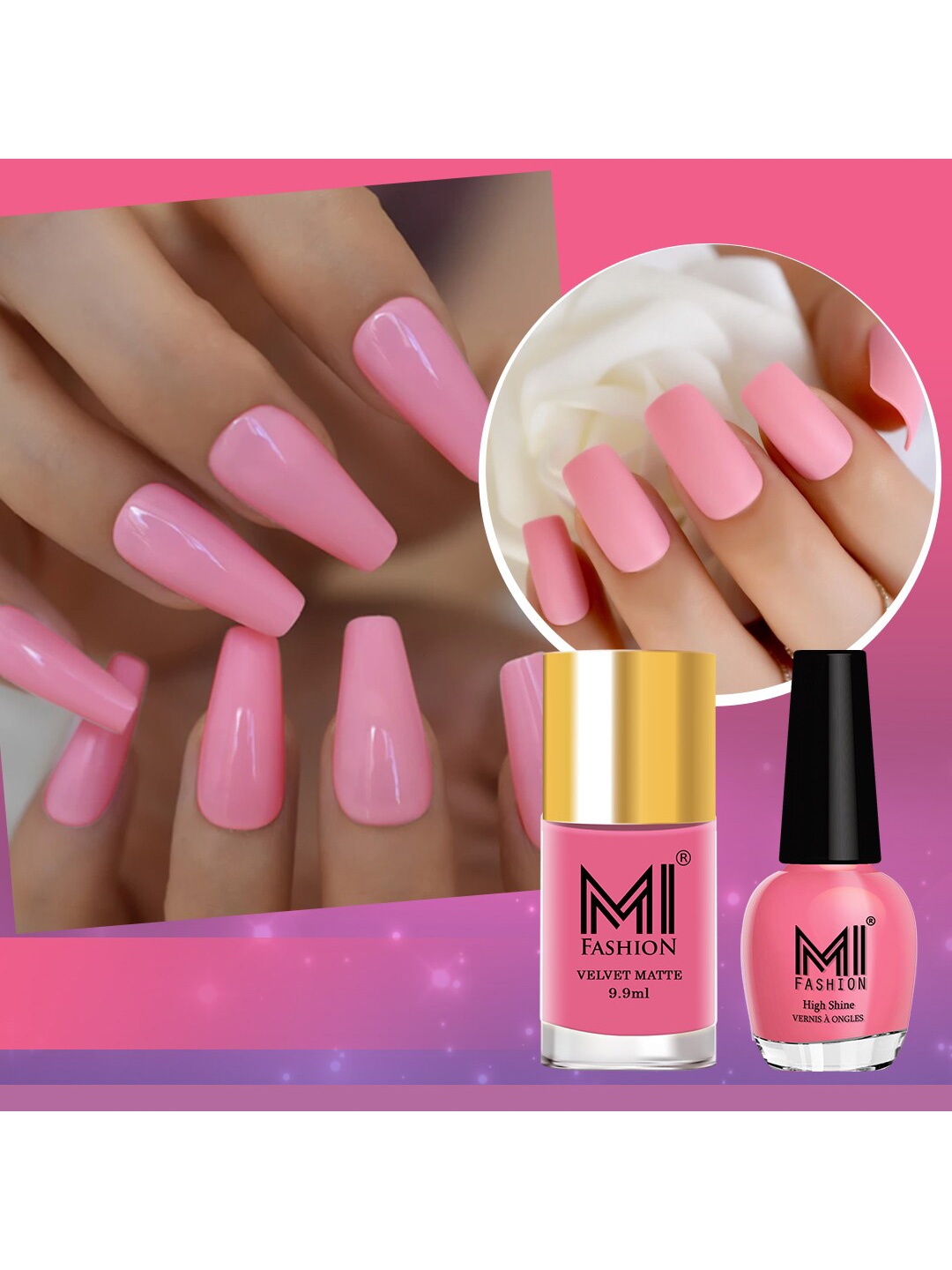 

MI FASHION Set of Velvet Matte Nail Polish 9.9ml - 716 & High Shine Nail Polish 15ml - 07, Pink