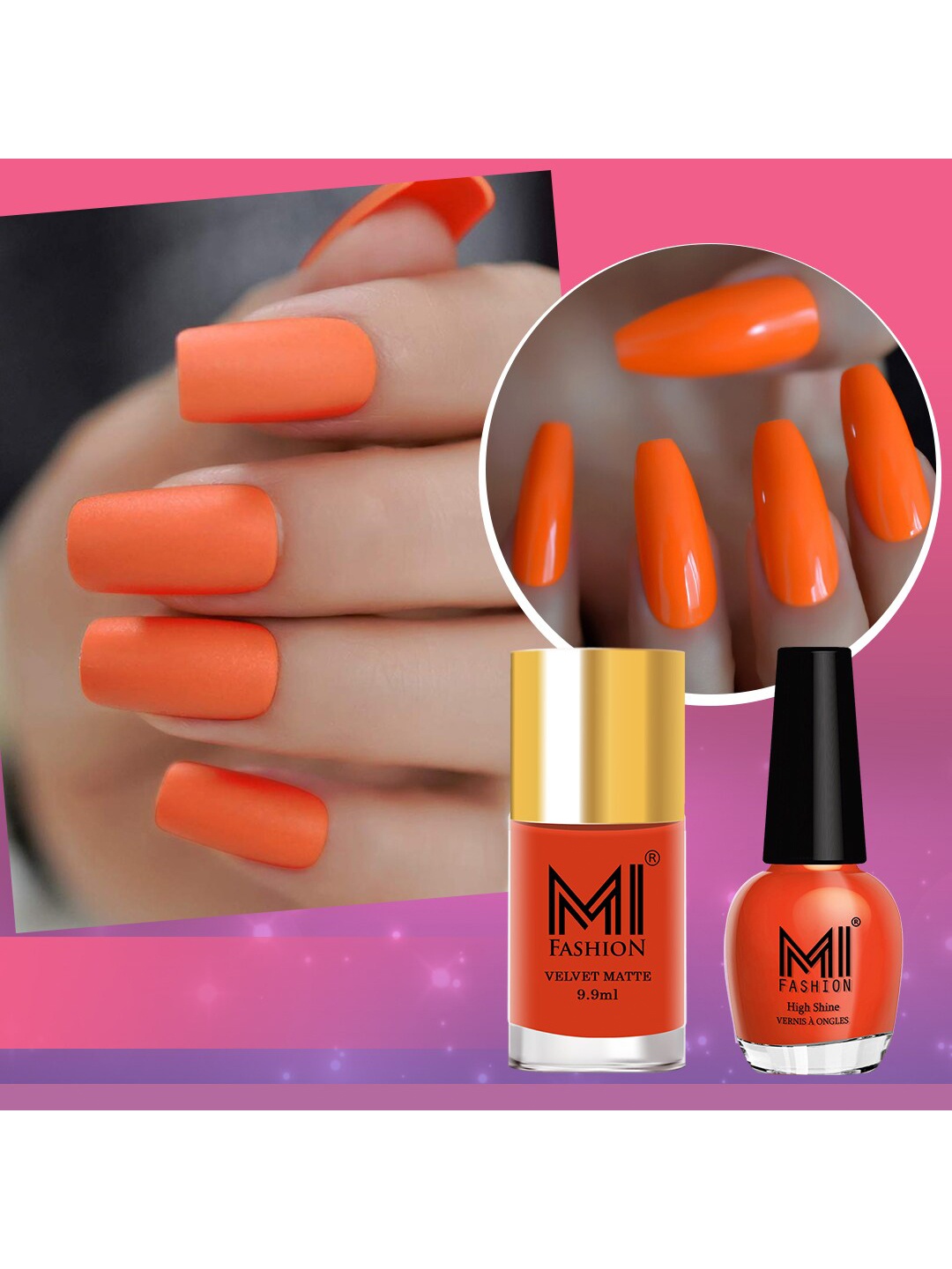 

MI FASHION Set of Velvet Matte Nail Polish 9.9ml - 714 & High Shine Nail Polish 15ml - 16, Orange