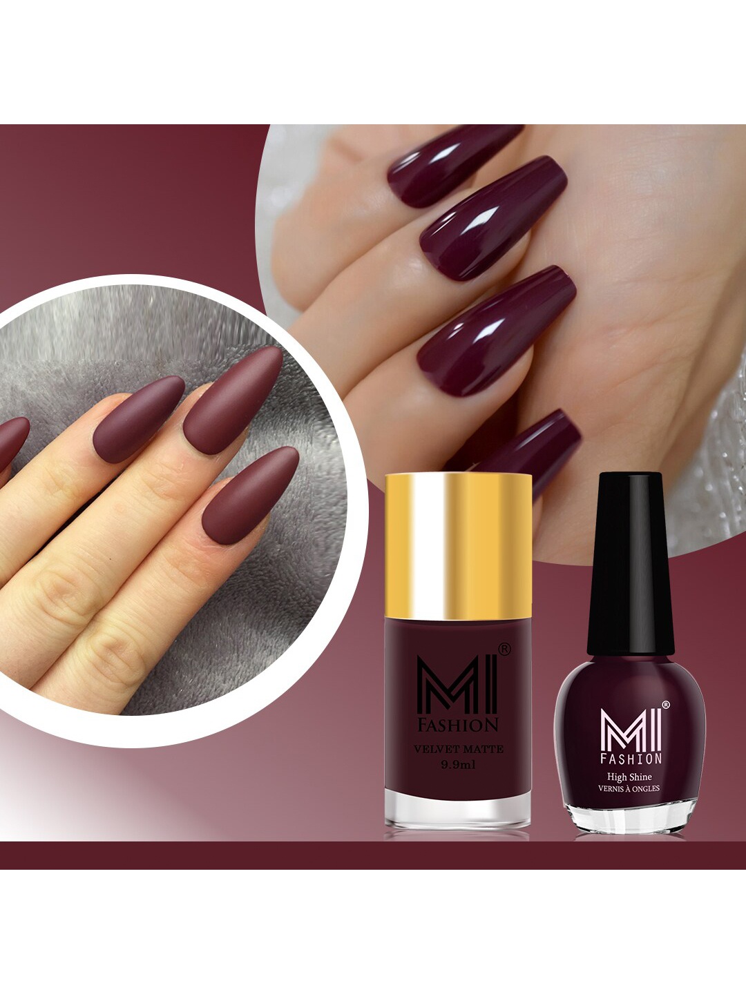 

MI FASHION Set of Velvet Matte Nail Polish 9.9ml - 744 & High Shine Nail Polish 15ml - 03, Maroon