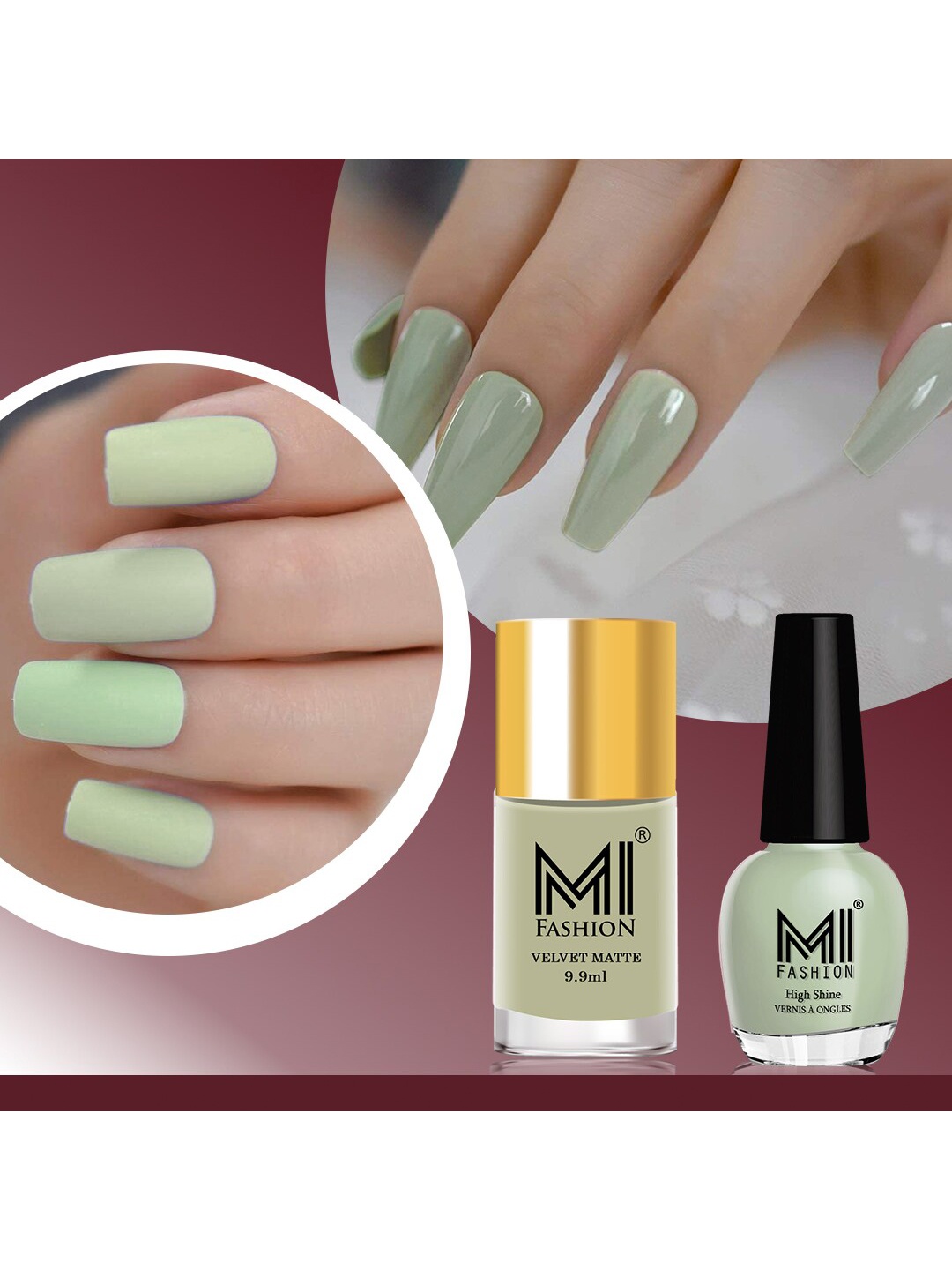 

MI FASHION Set of Velvet Matte Nail Polish 9.9ml - 740 & High Shine Nail Polish 15ml - 40, Green