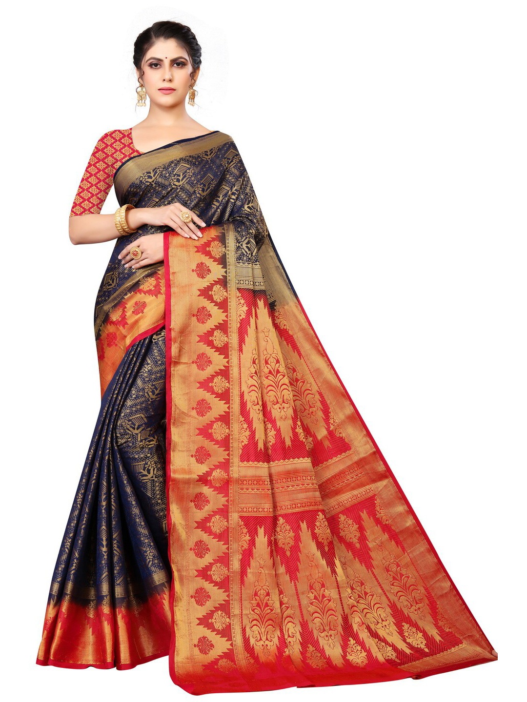 

MOKSHA DESIGNS Navy Blue & Red Woven Design Zari Pure Silk Kanjeevaram Saree