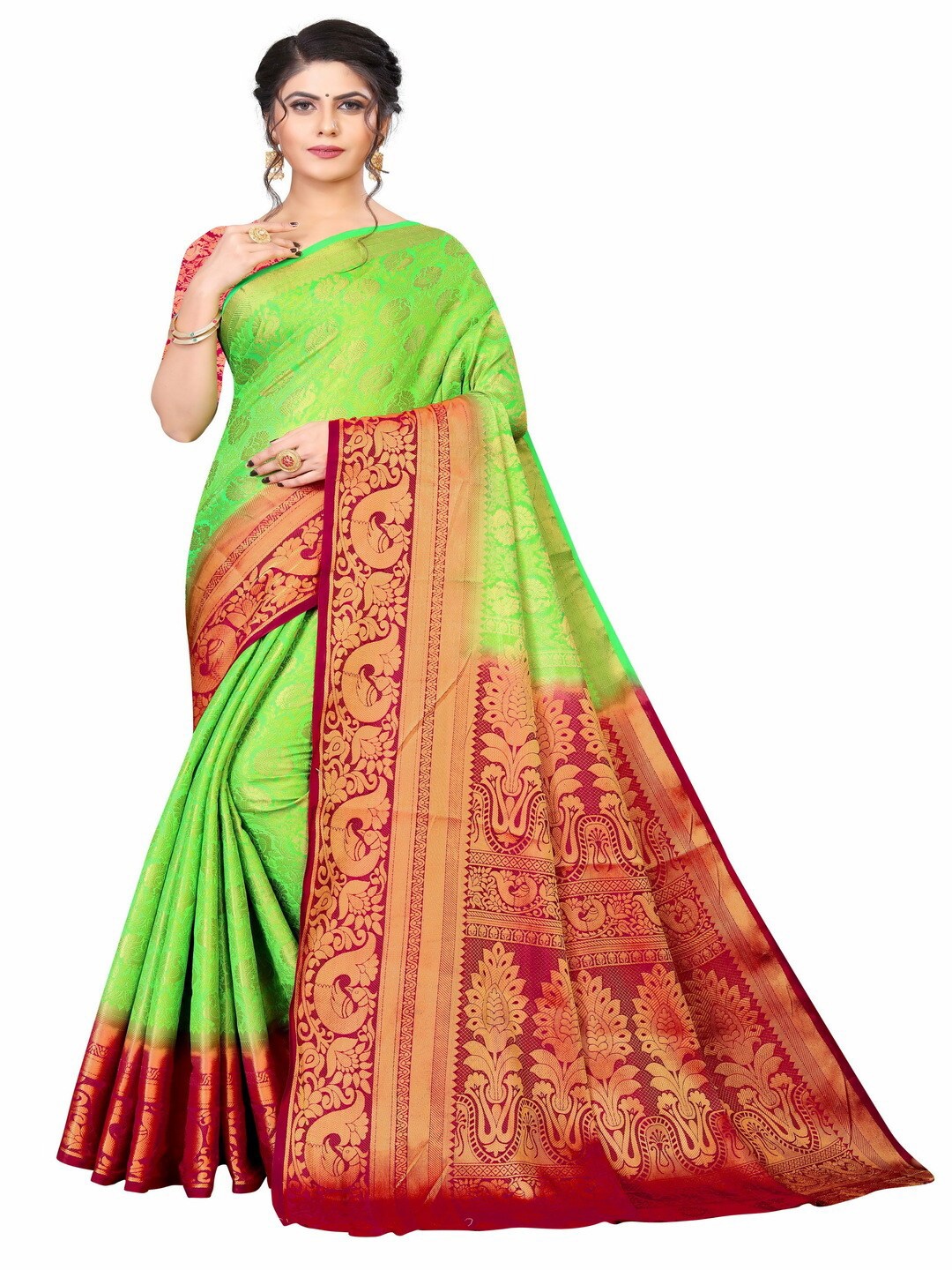 

MOKSHA DESIGNS Green & Red Woven Design Zari Pure Silk Kanjeevaram Saree