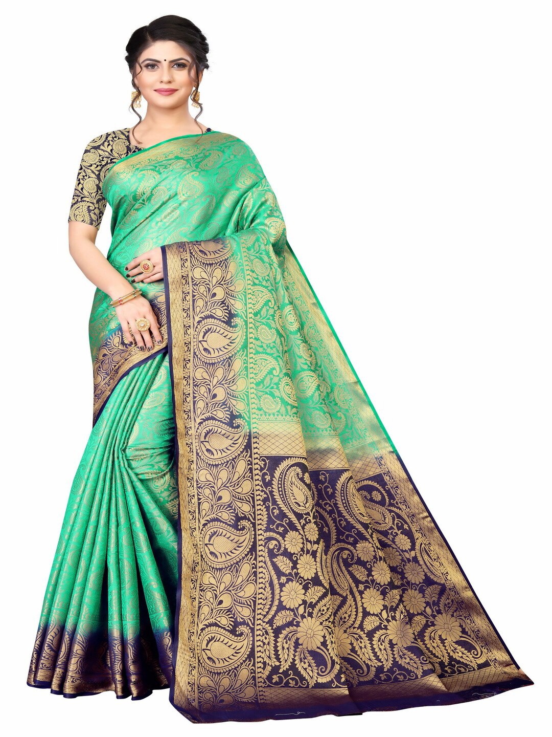

MOKSHA DESIGNS Green & Navy Blue Ethnic Motifs Zari Pure Silk Kanjeevaram Saree