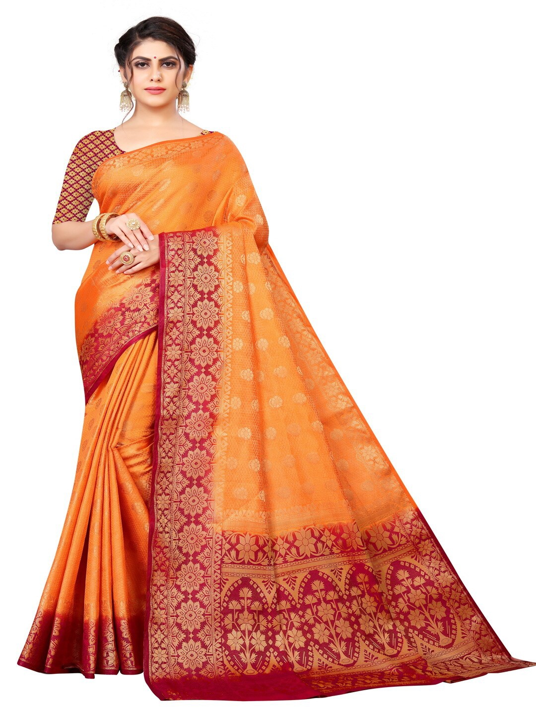 

MOKSHA DESIGNS Orange & Red Woven Design Zari Pure Silk Kanjeevaram Saree