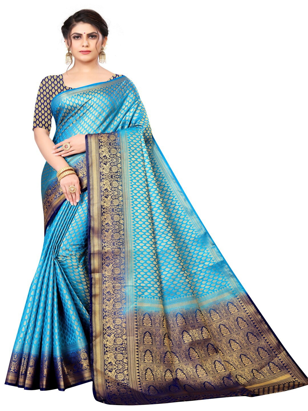 

MOKSHA DESIGNS Women Blue & Gold-Toned Ethnic Motifs Zari Pure Silk Kanjeevaram Saree
