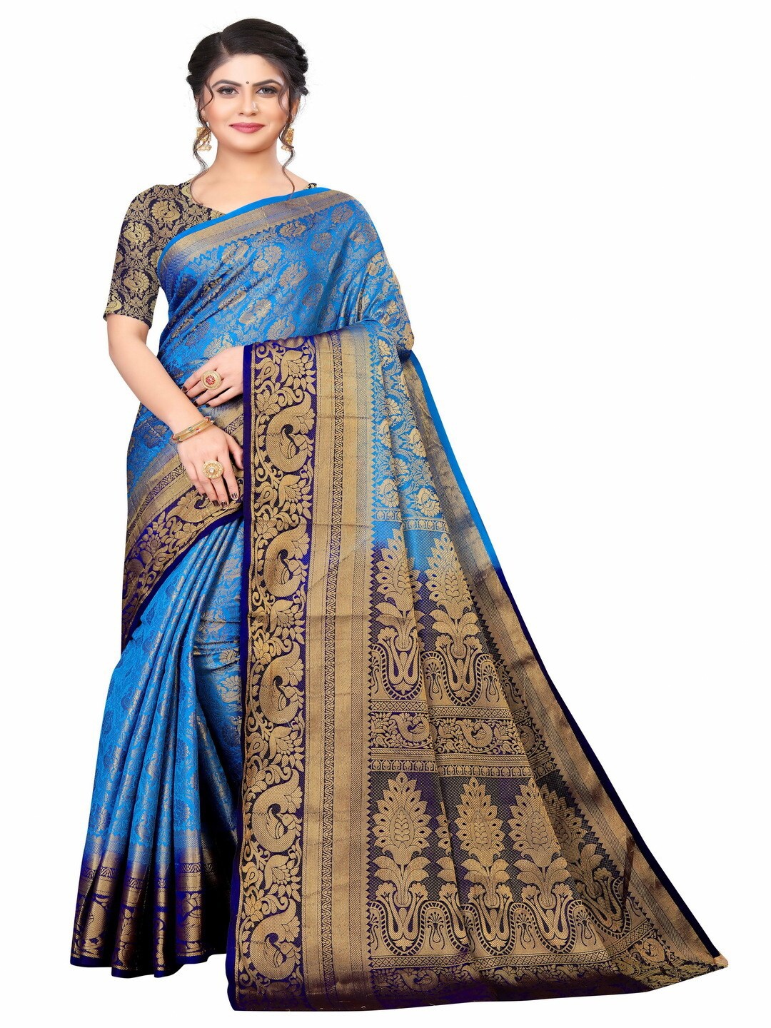 

MOKSHA DESIGNS Blue & Gold-Toned Ethnic Motifs Zari Pure Silk Kanjeevaram Saree