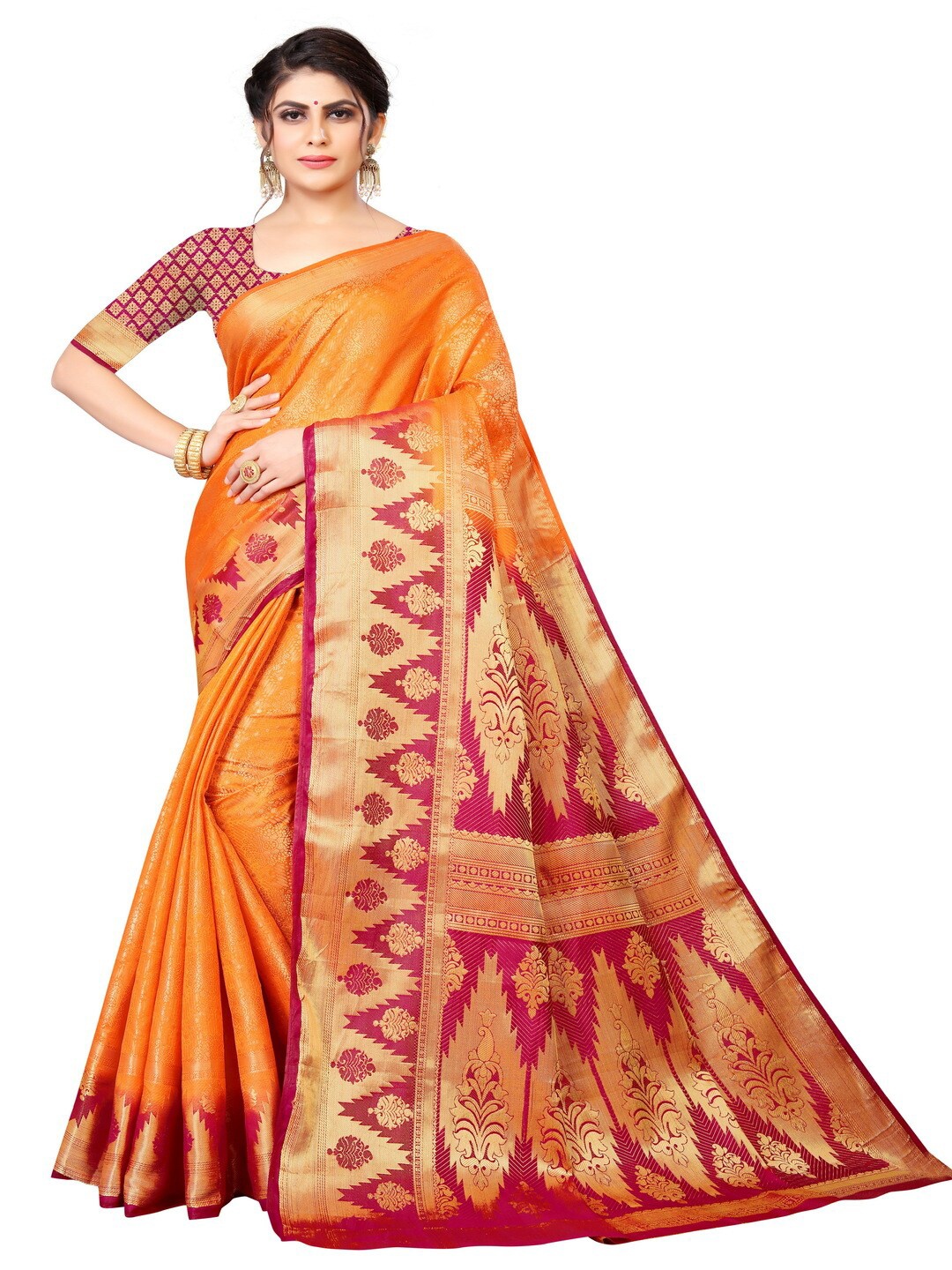 

MOKSHA DESIGNS Orange & Red Ethnic Motifs Zari Pure Silk Kanjeevaram Saree