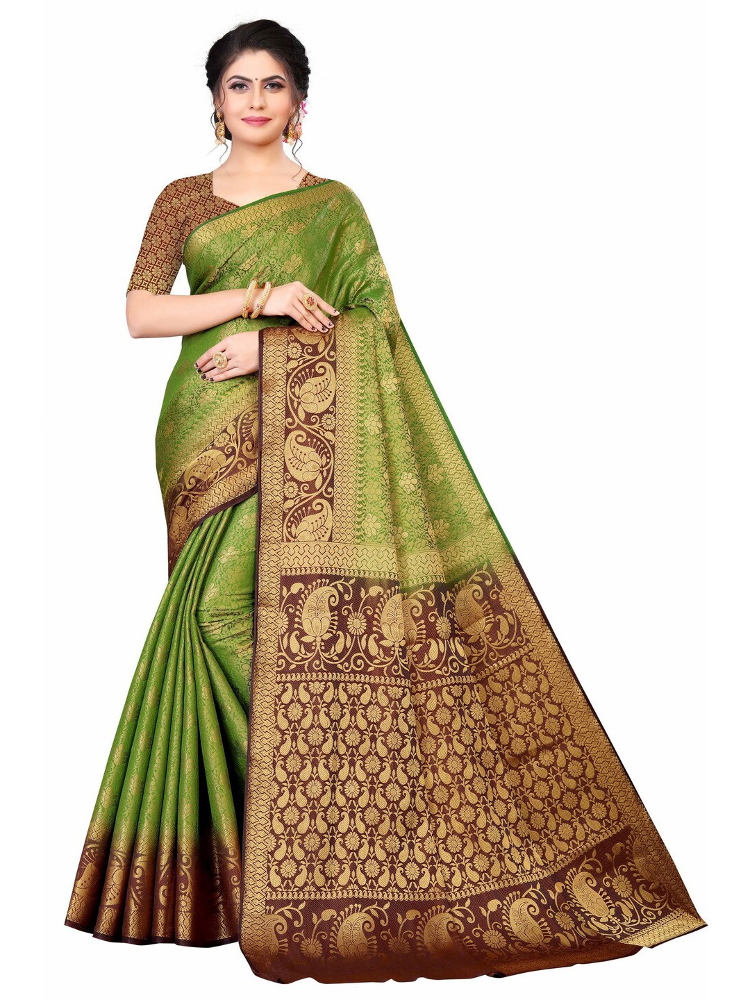 

MOKSHA DESIGNS Green & Brown Ethnic Motifs Zari Pure Silk Kanjeevaram Saree
