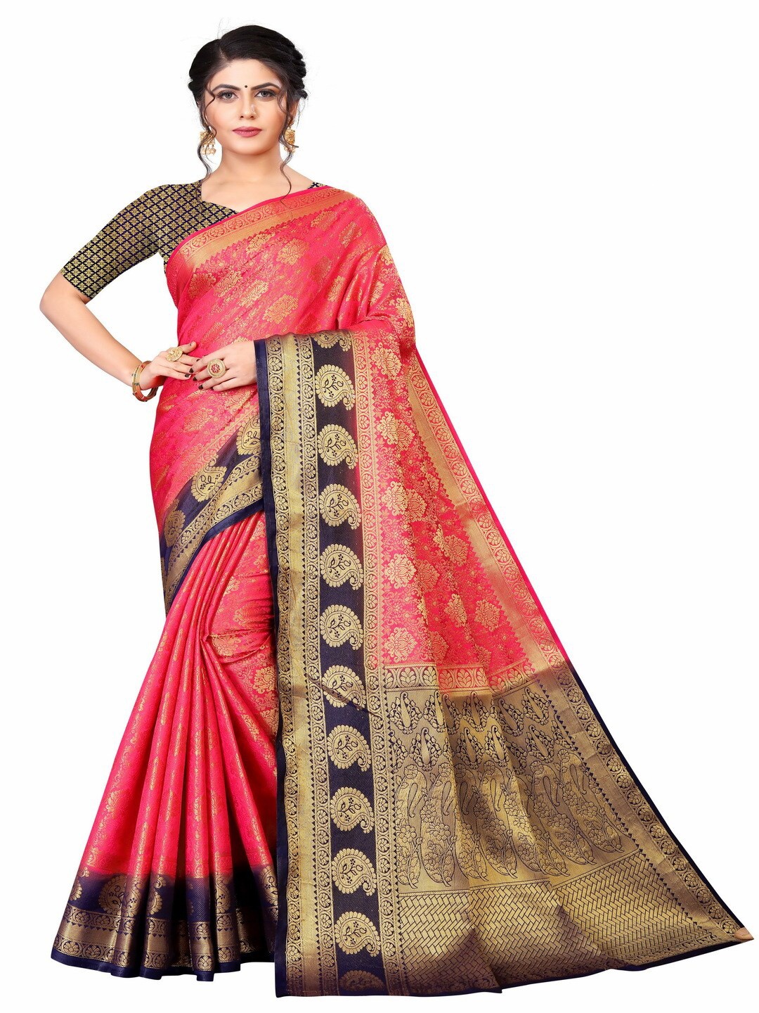 

MOKSHA DESIGNS Red & Navy Blue Woven Design Zari Pure Silk Kanjeevaram Saree