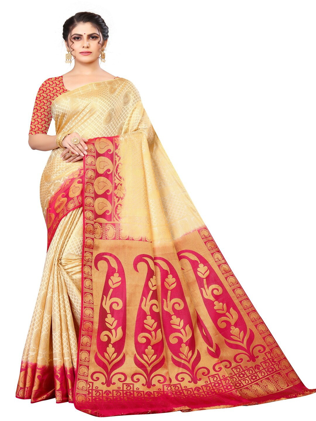 

MOKSHA DESIGNS Cream-Coloured & Red Ethnic Motifs Zari Pure Silk Kanjeevaram Saree