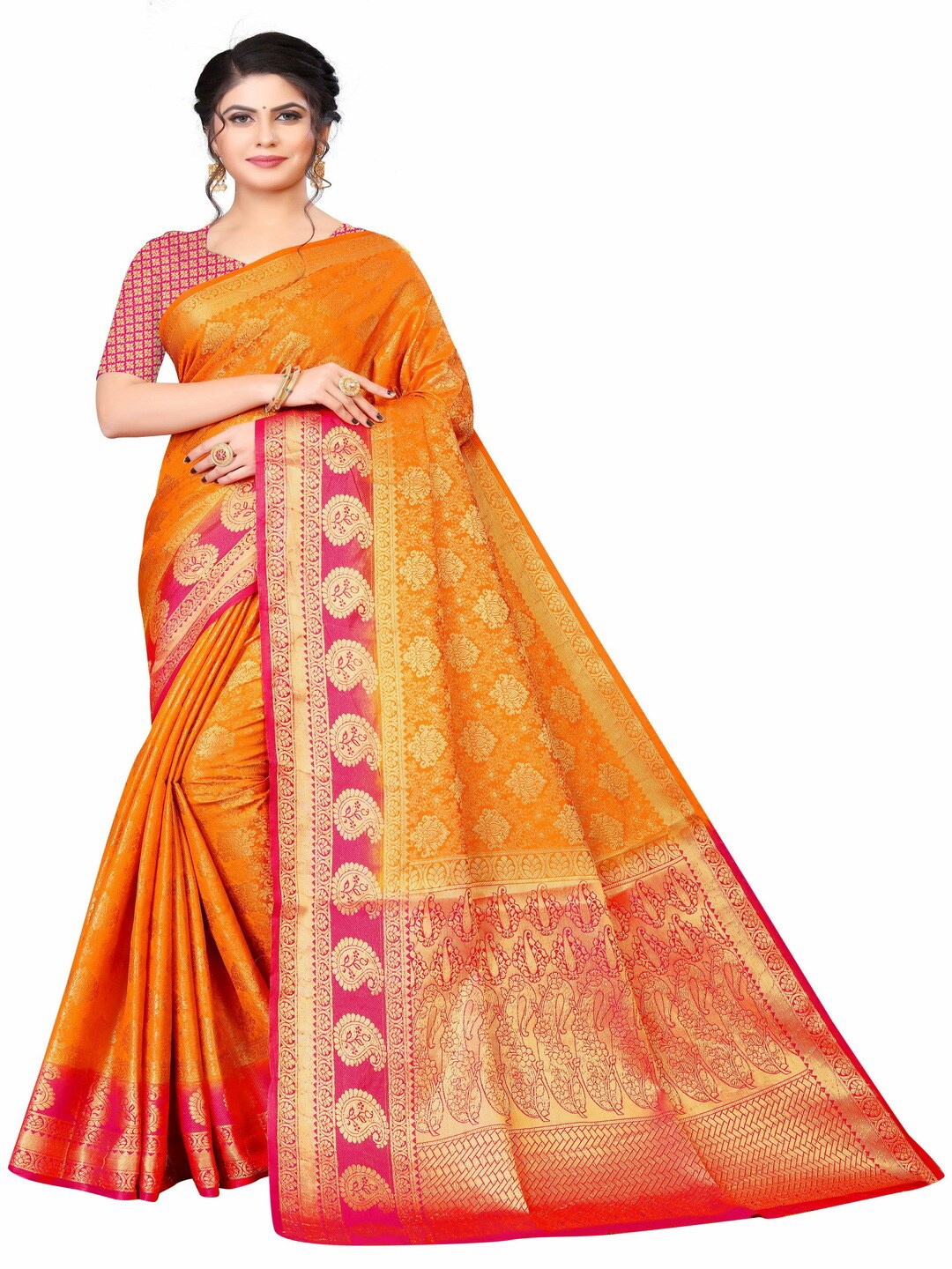

MOKSHA DESIGNS Orange & Pink Woven Design Zari Pure Silk Kanjeevaram Saree