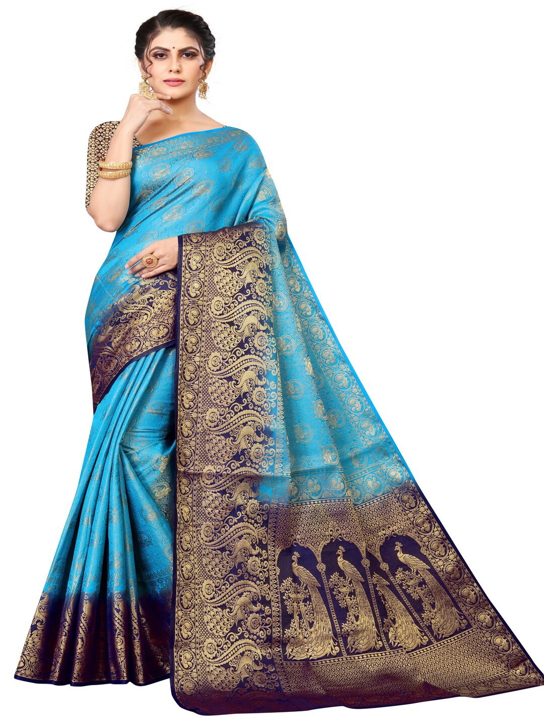 

MOKSHA DESIGNS Blue & Gold-Toned Woven Design Zari Pure Silk Kanjeevaram Saree