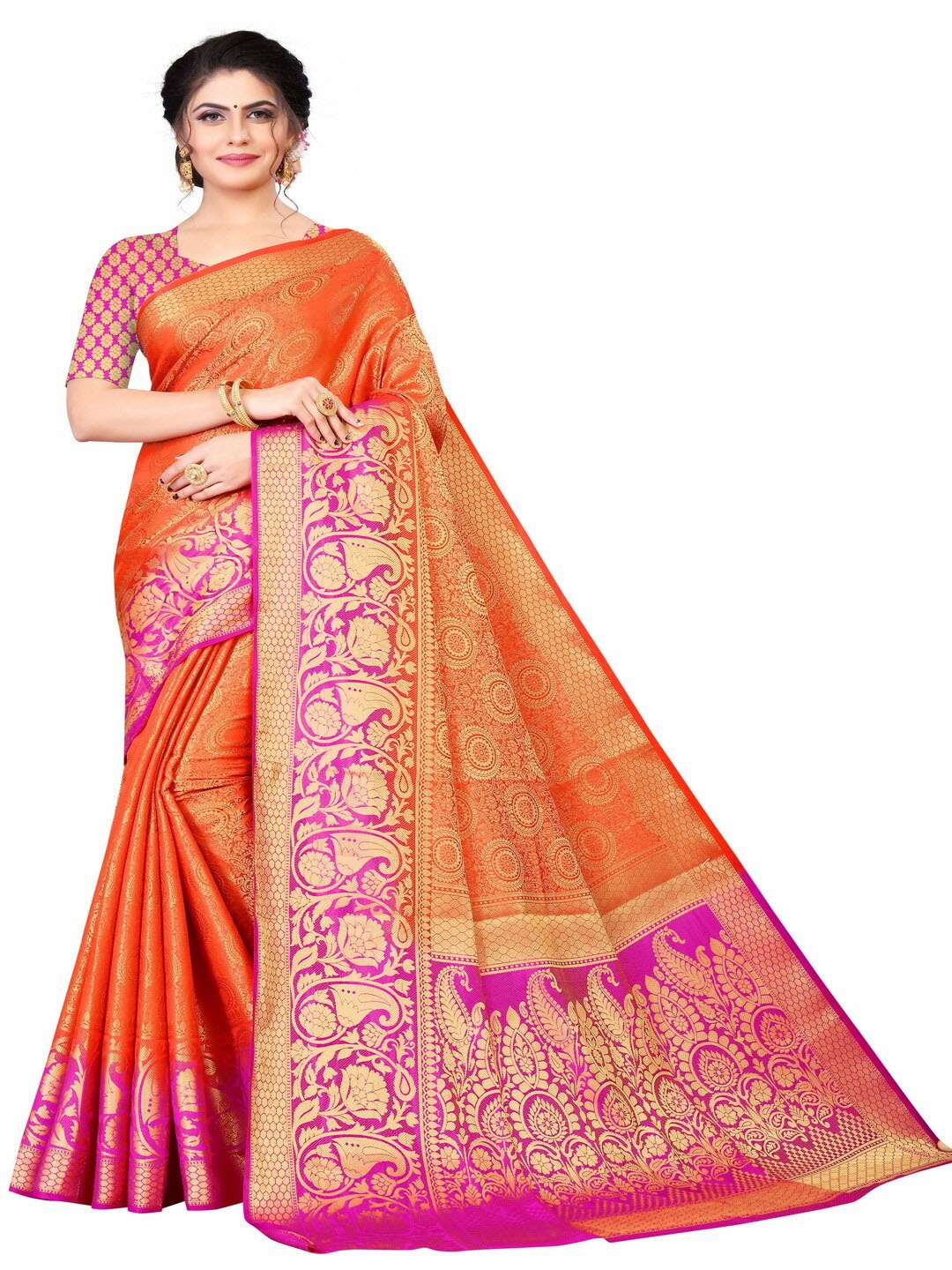 

MOKSHA DESIGNS Orange & Pink Woven Design Zari Pure Silk Kanjeevaram Saree