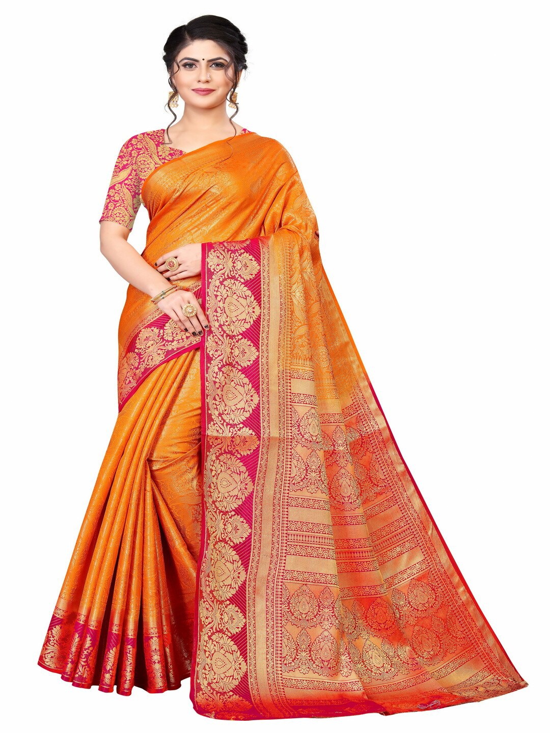 

MOKSHA DESIGNS Orange & Magenta Woven Design Pure Silk Kanjeevaram Saree