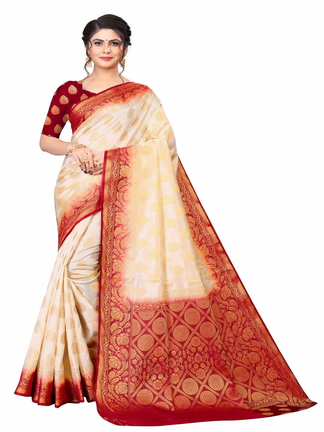 

MOKSHA DESIGNS Cream-Coloured & Red Woven Design Pure Silk Kanjeevaram Saree