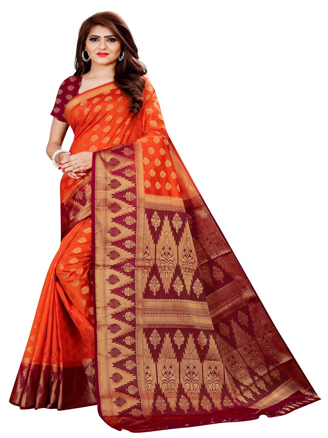 

MOKSHA DESIGNS Orange & Brown Woven Design Zari Pure Silk Kanjeevaram Saree