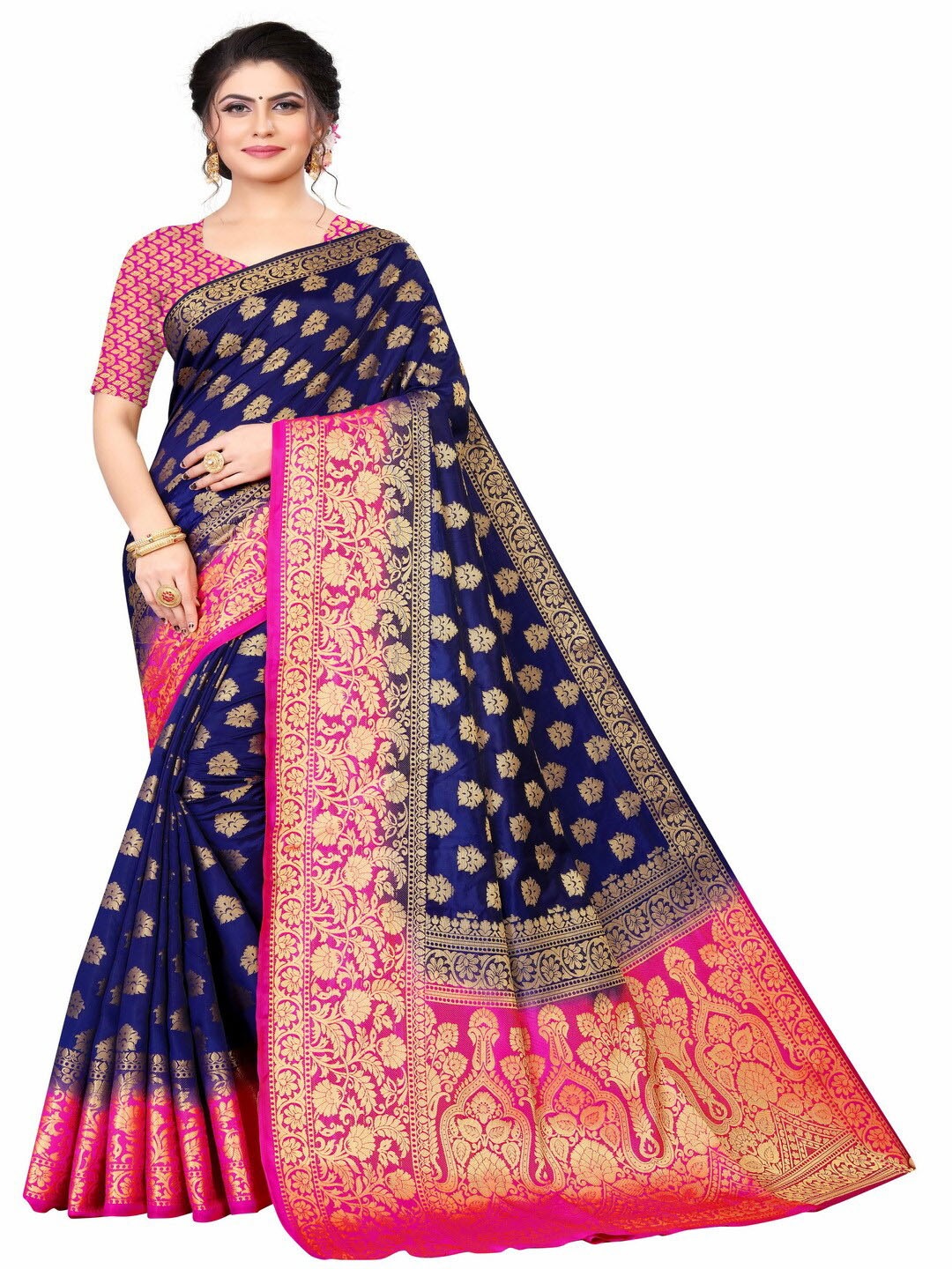 

MOKSHA DESIGNS Navy Blue & Pink Woven Design Pure Silk Kanjeevaram Saree