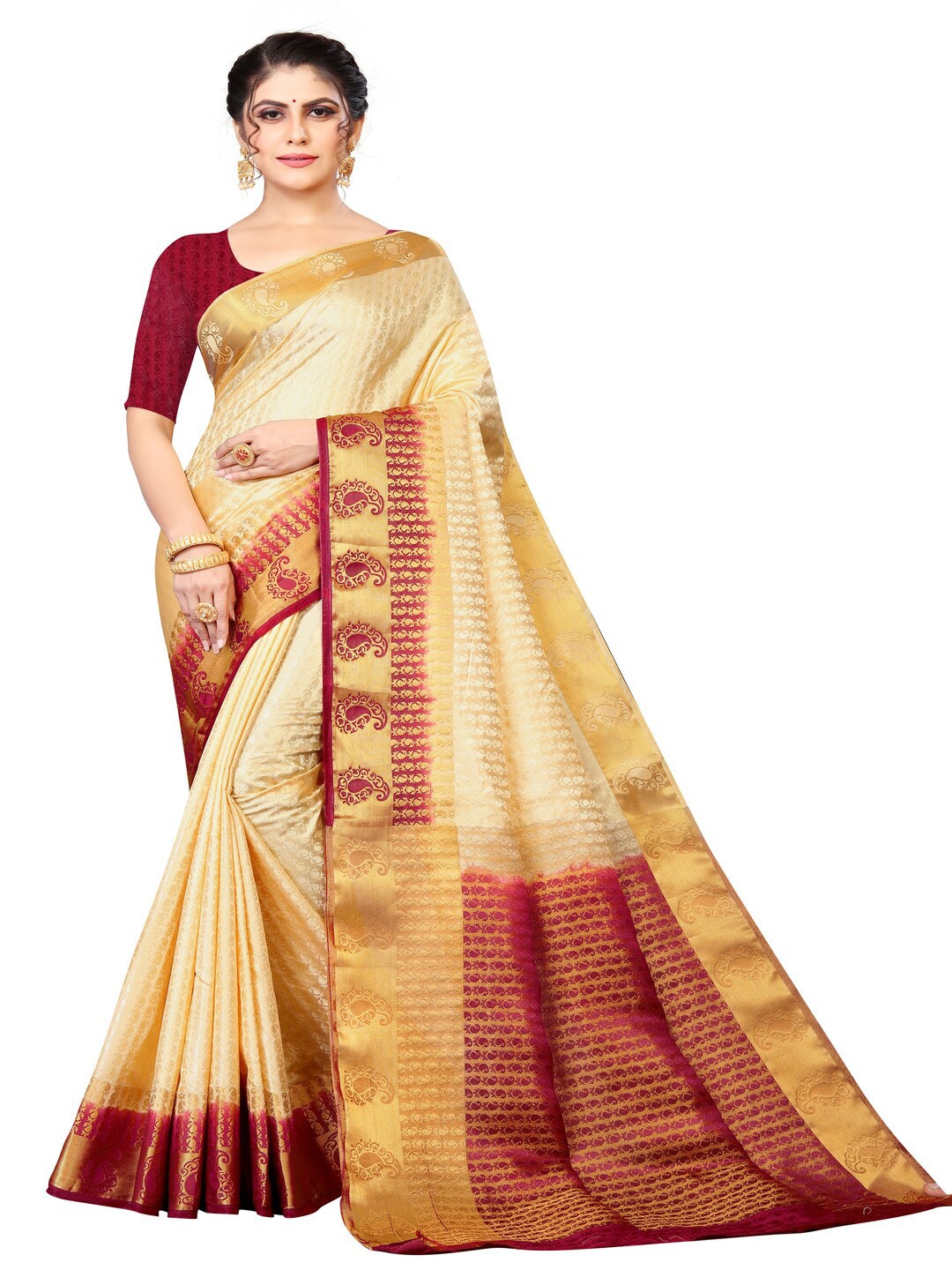 

MOKSHA DESIGNS Off White & Maroon Woven Design Zari Pure Silk Kanjeevaram Saree