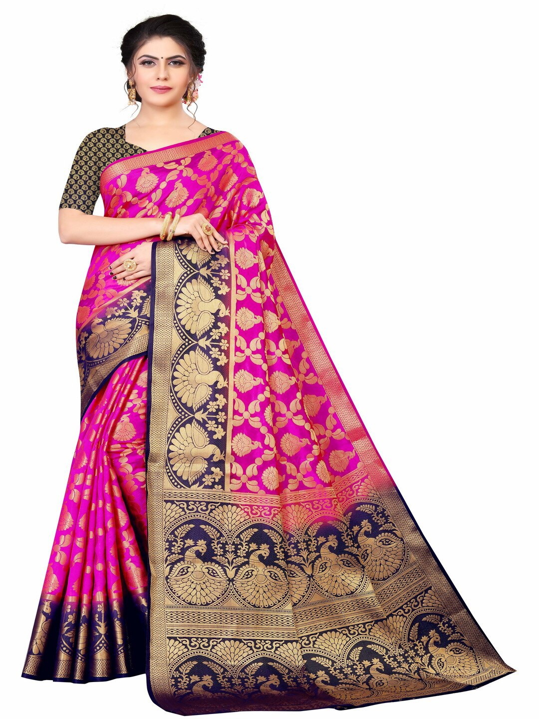 

MOKSHA DESIGNS Women Pink & Navy Blue Woven Design Zari Pure Silk Kanjeevaram Saree