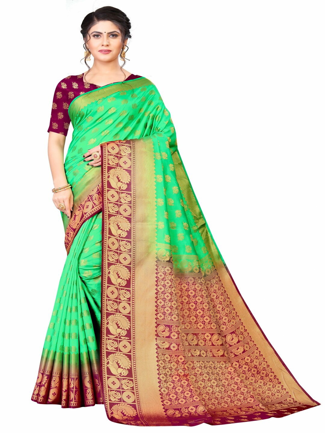 

MOKSHA DESIGNS Green & Maroon Woven Design Zari Pure Silk Kanjeevaram Saree