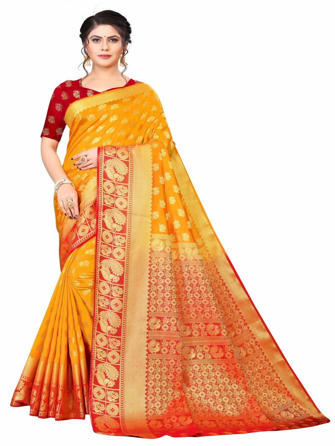 

MOKSHA DESIGNS Gold-Toned & Red Ethnic Motifs Zari Pure Silk Kanjeevaram Saree