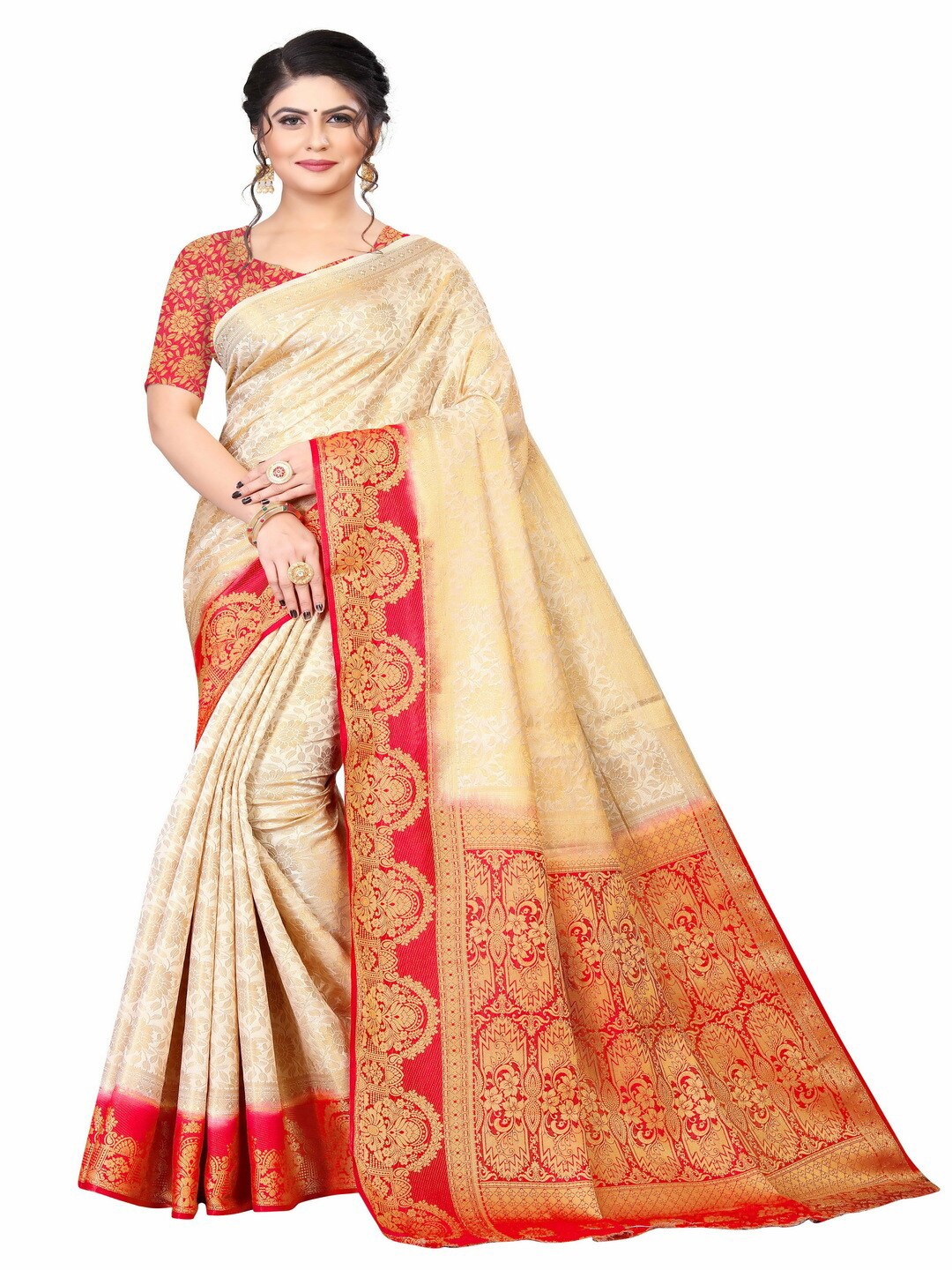 

MOKSHA DESIGNS Cream-Coloured & Red Woven Design Zari Pure Silk Kanjeevaram Saree