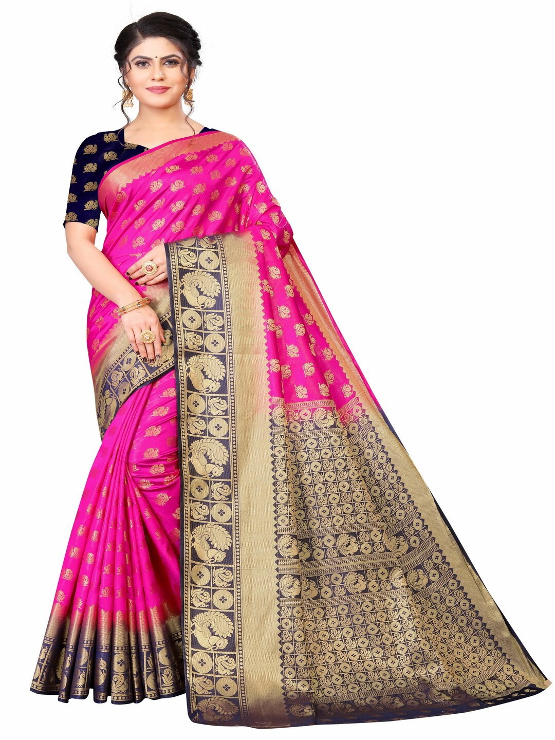 

MOKSHA DESIGNS Pink & Navy Blue Ethnic Motifs Zari Pure Silk Kanjeevaram Saree