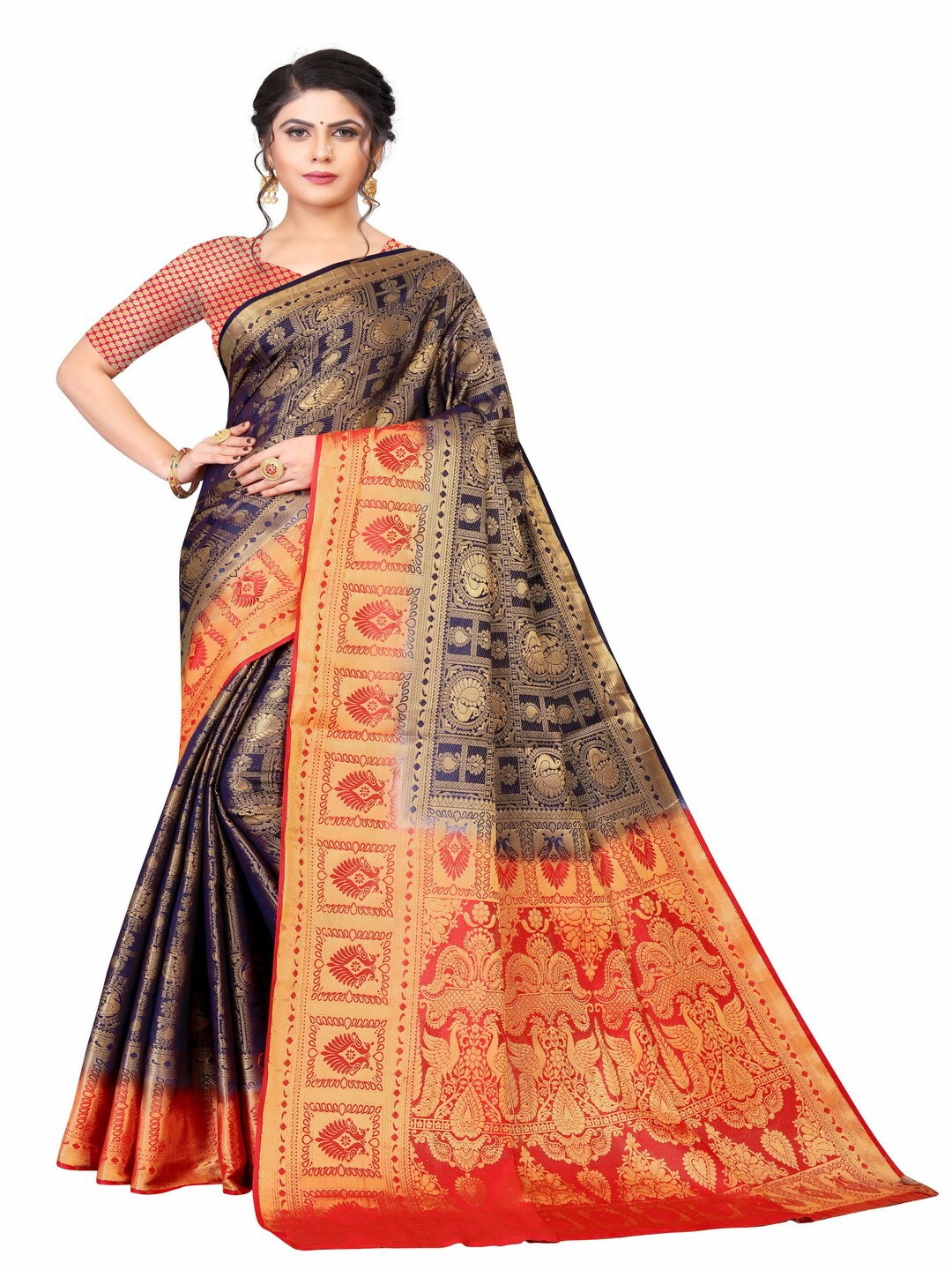 

MOKSHA DESIGNS Orange & Navy Blue Woven Design Zari Pure Silk Kanjeevaram Saree