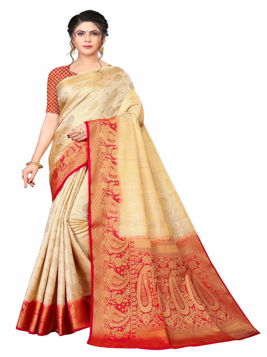 

MOKSHA DESIGNS Off White & Red Woven Design Zari Pure Silk Kanjeevaram Saree