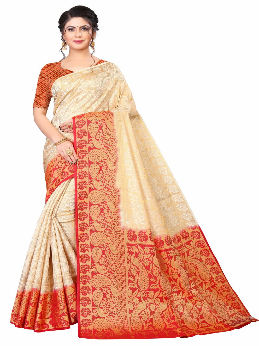 

MOKSHA DESIGNS Cream-Coloured & Red Ethnic Motifs Zari Pure Silk Kanjeevaram Saree