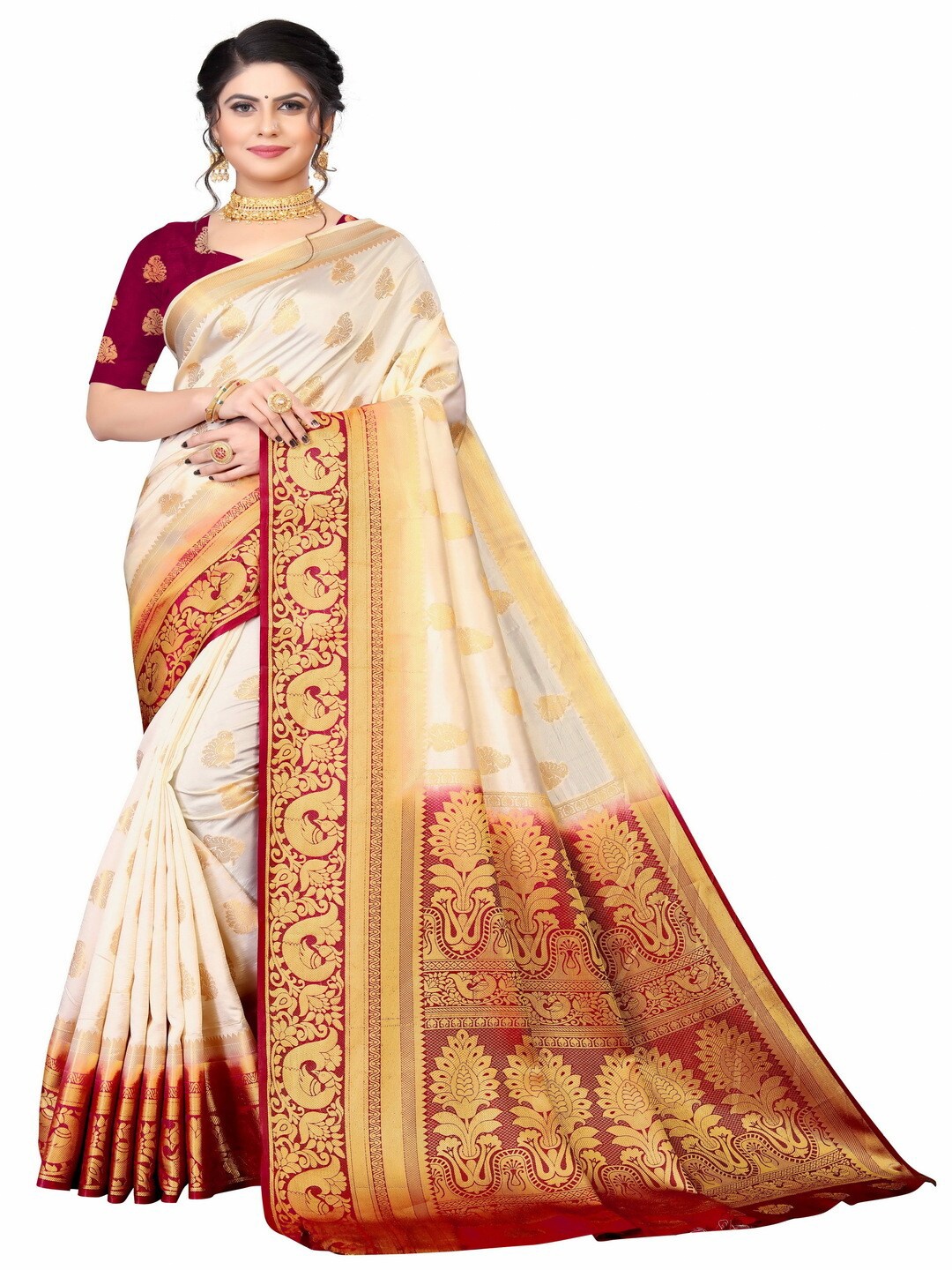 

MOKSHA DESIGNS Off White & Maroon Woven Design Zari Pure Silk Kanjeevaram Saree