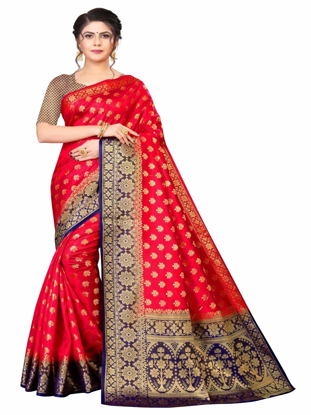 

MOKSHA DESIGNS Red & Navy Blue Ethnic Motifs Zari Pure Silk Kanjeevaram Saree