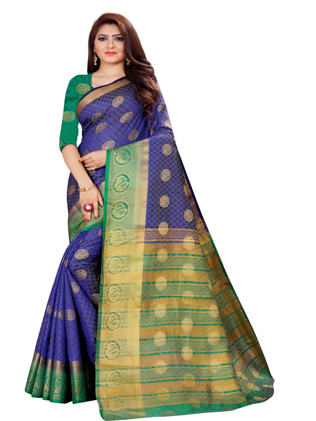 

MOKSHA DESIGNS Blue & Green Woven Design Zari Pure Silk Kanjeevaram Saree