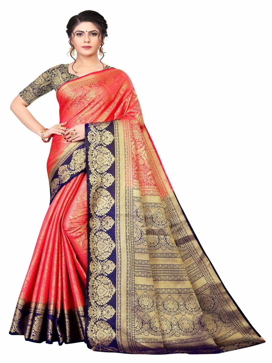 

MOKSHA DESIGNS Red & Navy Blue Ethnic Motifs Zari Pure Silk Kanjeevaram Saree