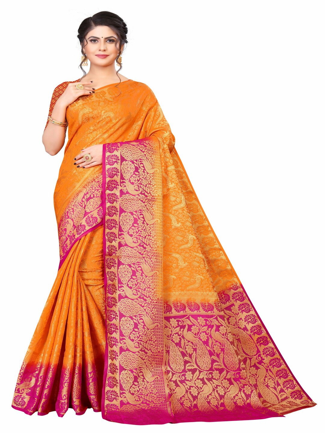 

MOKSHA DESIGNS Gold-Toned & Pink Ethnic Motifs Zari Pure Silk Kanjeevaram Saree